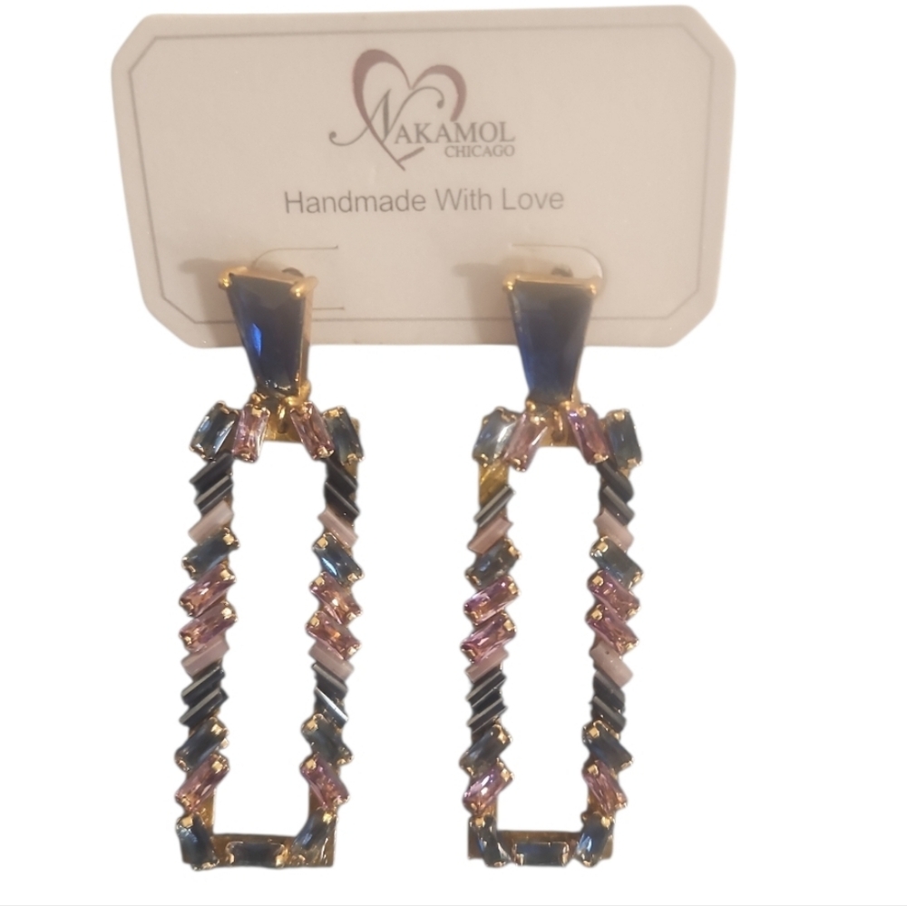 NWT Nakamol Hand Made Multicolor crystal Rectangular Statement Earrings